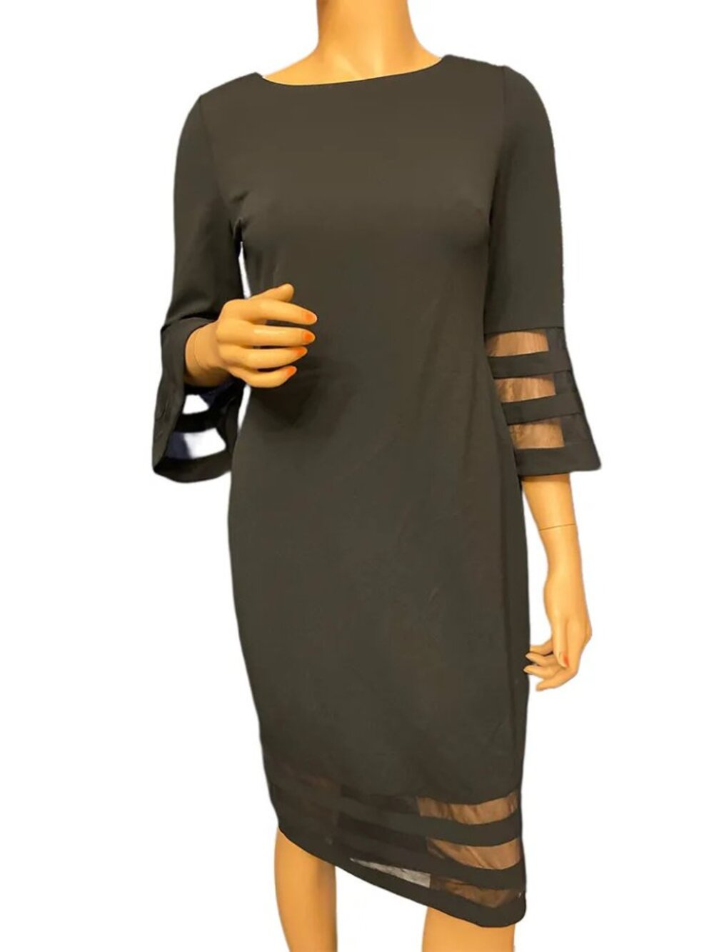 Calvin Klein Black Illusion Trim Bell Sleeve Sheath Dress